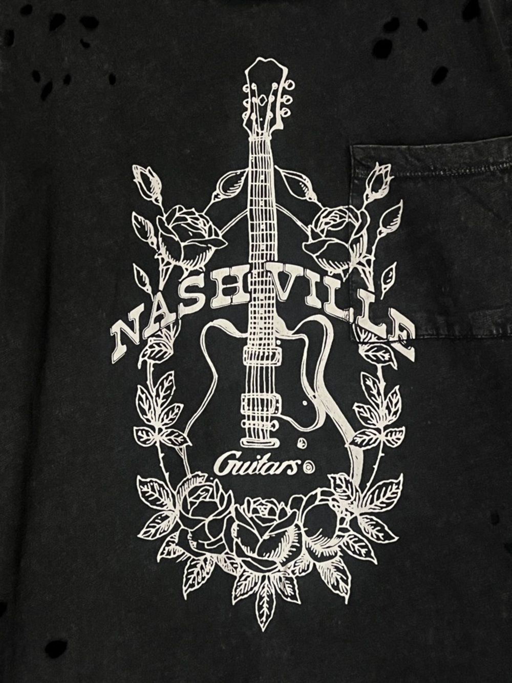 LUCKY BRAND T-Shirt Womens Small Black Distressed Nashville Guitar Roses Graphic - Picture 6 of 15
